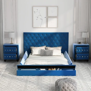 Полноразмерная обивочная низкопрофильная кровать-платформа для хранения с двумя обивочными тумбочками, синяя Изображение