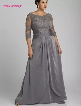 Популярное серое платье для матери невесты большого размера с рукавом 3/4 и круглым вырезом, Кружевные шифоновые вечерние платья длиной до пола Изображение
