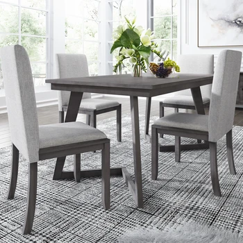 Простой и стильный обеденный набор из 5 предметов, деревянный прямоугольный стол с 4 стульями из льняной ткани, подходит для гостиной, столовой Изображение