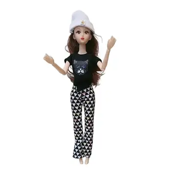 Реквизит для кукольной одежды со шляпой, штаны с принтом, круглый вырез, короткий рукав, ткань для одевания, игрушка для девочки, комплект одежды для куклы 30 см, детский комплект одежды для куклы Изображение