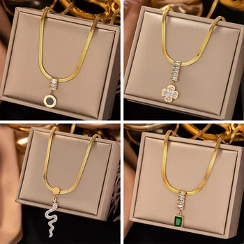Римское ожерелье с зеленым цирконом, цепочка на ключицу из титановой стали, покрытая 18-каратным золотом, ожерелье для женщин, ювелирные изделия Изображение