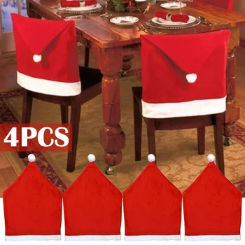 Рождественский чехол на стул 4шт, красная шляпа Санта-Клауса, обеденный чехол на стул для новогодней вечеринки с Рождеством, Домашний Декор кухонного стола Изображение