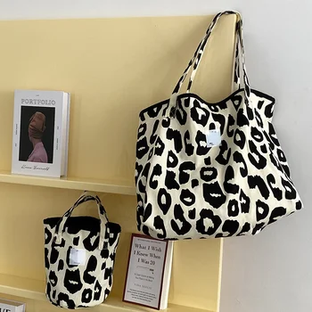 Розовая леопардовая сумка через плечо, женская повседневная сумка большой емкости, женские милые холщовые сумки, сумка-ведро, новинка 2021 года Изображение