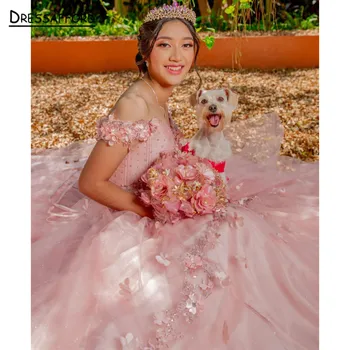 Розовое Мексиканское Пышное платье С Открытыми плечами, Аппликацией в виде 3D Цветка, Vestido De XV Anos 15 16, Платье для Дня Рождения и Выпускного Вечера Изображение