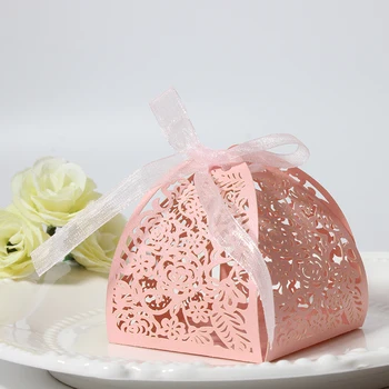 Розовые Вырезанные лазером Розовые коробки для конфет, Подарочные коробки для свадебного душа, юбилея, вечеринки по случаю Дня рождения, Свадебного украшения Изображение