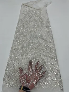 Роскошная кружевная ткань из бисера ручной работы в Нигерийском стиле 2023, Высококачественная вышивка бисером, Африканская Французская кружевная ткань для платья Изображение