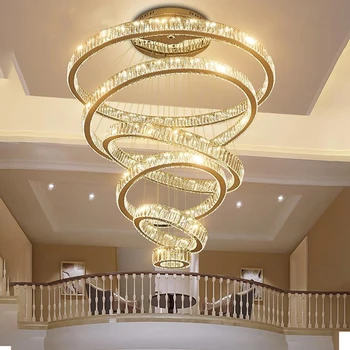 Роскошная лестница, хрустальная люстра, большой современный кольцевой дизайн, светодиодная лампа cristal, длинный вестибюль виллы, гостиная, золотой подвесной светильник Изображение