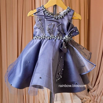 Роскошные Темно-синие платья для девочек в цветочек, жемчуг, Детские платья для дня рождения, Кружевные платья с аппликацией для малышей, Свадебные платья для гостей Изображение
