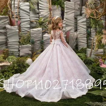 Роскошные блестящие розовые свадебные платья для девочек Кружевные аксессуары Платья для цветочниц с длинными рукавами Платья для подружек невесты Изображение
