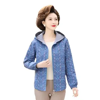 С капюшоном на молнии 2023, Новая демисезонная модная женская куртка среднего возраста, повседневное пальто для пожилых женщин, короткий тренч для мамы Изображение