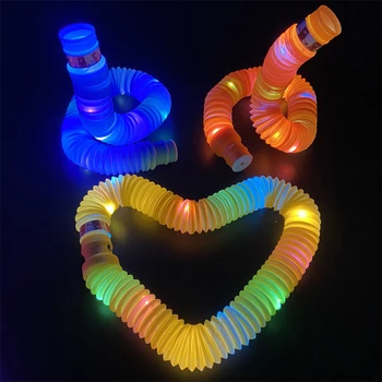 Самодельные светящиеся поп-трубки, светодиодные флуоресцентные цветные растянутые пластиковые трубки, гофрированные телескопические трубки, вентиляционные декомпрессионные игрушки, длинные Изображение