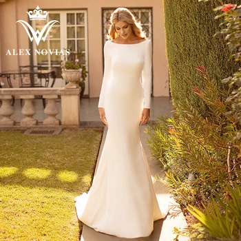 Свадебное платье Русалки с длинным рукавом ALEX NOVIAS 2023, Тонкое атласное свадебное платье с открытой спиной, Простое Vestidos Novias De Saten Изображение