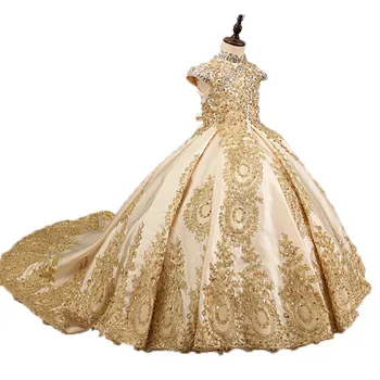 Свадебные платья с золотыми бусинами для девочек-цветочниц, модное праздничное платье без рукавов, кружевные аппликации, платья для Святого Причастия для девочек Изображение