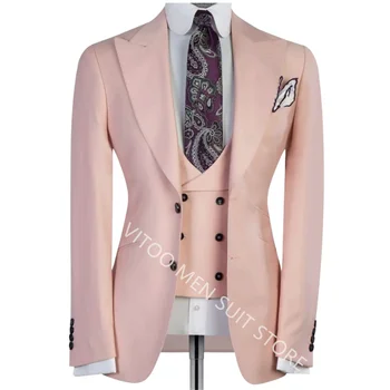 Свадебный костюм для мужчин, светло-розовый Приталенный блейзер, жилет и брюки из 3 предметов, Официальная деловая мужская одежда для свадьбы, выпускного вечера, сшитая на заказ. Изображение