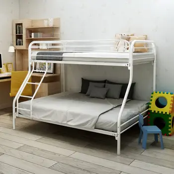 Сверхпрочная двухъярусная кровать из цельного металла, простая сборка с усиленным ограждением верхнего уровня, белая Изображение