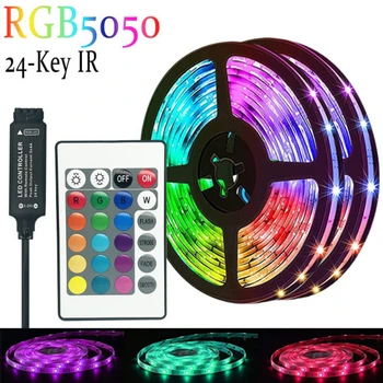 Светодиодные светильники для синхронизации музыки в спальне, меняющая цвет светодиодная лента 5050 RGB для домашней вечеринки с ИК-пультом дистанционного управления на 24 клавиши Изображение