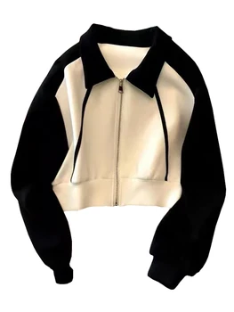 Свободная бейсбольная куртка с отложным воротником, женская весенняя куртка 2023, базовое пальто в стиле пэчворк с длинным рукавом для женщин Изображение
