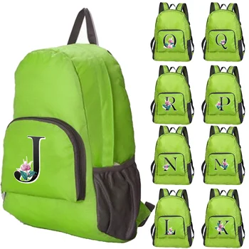 Складной рюкзак Зеленая сумка Портативный Мужской Женский для путешествий Легкий Складной рюкзак с буквенным принтом из белого мрамора Походный рюкзак Изображение