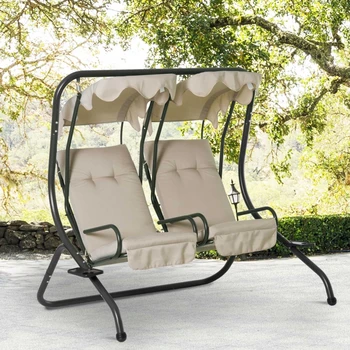 Современное двухместное кресло-качели для патио на открытом воздухе, сиденья для веранды с подстаканником и съемным навесом, бежевый Изображение