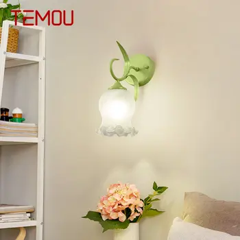 Современный Интерьерный настенный светильник TEMOU LED с креативным цветочным дизайном, бра из зеленого стекла для домашнего декора прикроватной тумбочки в спальне Изображение