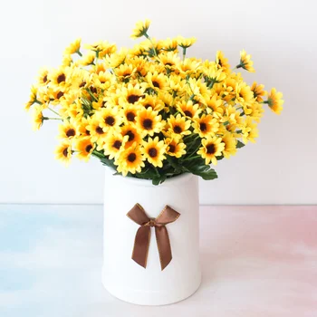 Солнечные хризантемы с 24 головками, подсолнухи, имитация цветов, искусственные цветы, Шелковые цветы, домашний декор, настольный дисплей Изображение