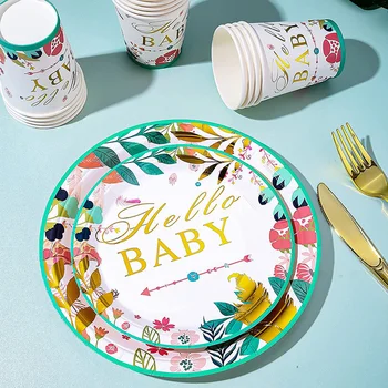 Тематическая вечеринка Hello Baby Baby Shower с Золотисто-зелеными листьями, набор одноразовой посуды, украшения для празднования Дня рождения, раскрывающие пол человека Изображение