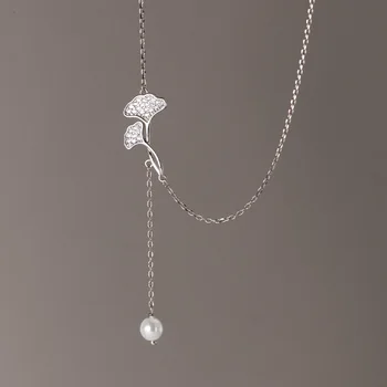 Темперамент Ожерелье из листьев Гинкго из стерлингового Серебра 925 Пробы с жемчужным ожерельем с кисточками для женщин Девочек Подарок на свадьбу Изображение