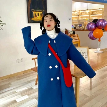 Теплое шерстяное пальто Heydress 2021 зима с большим воротником, нежно-голубые теплые шерстяные пальто, женская элегантная двубортная толстая верхняя одежда, женские корейские пальто Изображение