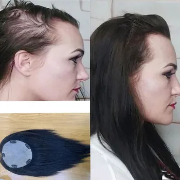 Топпер из натуральных прямых человеческих волос 16 дюймов, 5 зажимов по периметру, полностью шелковые верхние части для волос для женщин с меньшим количеством волос Изображение