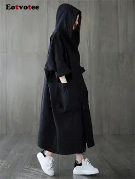 Тренч с капюшоном Eotvotee для женщин 2023, модные офисные женские свободные однобортные пальто, Шикарное повседневное длинное пальто с длинным рукавом Изображение