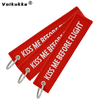 Украшения Voikukka С обеих сторон Текстовая вышивка Kiss Me Before Flight Брелок для ключей Красная цепочка для ключей Автомобильный брелок Подвеска Подарки Оптом Изображение