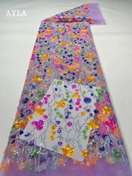 Фиолетовая Высококачественная Сетчатая кружевная ткань, Африканский Нигерийский тюль, кружевные ткани с пайетками, Ткань с вышивкой Цветочными пайетками, Свадебное кружево Изображение