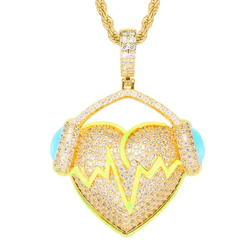 Хип-Хоп 5A + CZ Камень Проложенный Bling Iced Out Светящиеся Наушники Подвески В Виде Сердца Ожерелье для Мужчин Женщин Любителей Рэппер Ювелирные Изделия Подарок Изображение