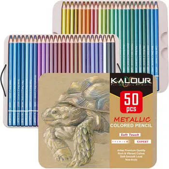 Цветные карандаши металлического цвета из 50 штук для раскрашивания взрослыми, мягкая сердцевина яркого цвета, идеально подходят для рисования, растушевки, создания эскизов. Изображение