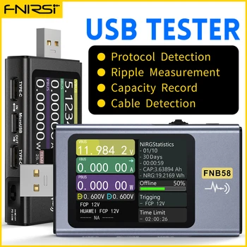 Цифровой вольтметр FNIRSI-FNB58, Амперметр, USB-тестер TYPE-C, быстрое обнаружение заряда, измерение пусковой мощности, измерение пульсаций Изображение