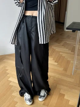 Черные металлические брюки-карго Женские 2023, Легкие быстросохнущие шаровары на завязках Изображение