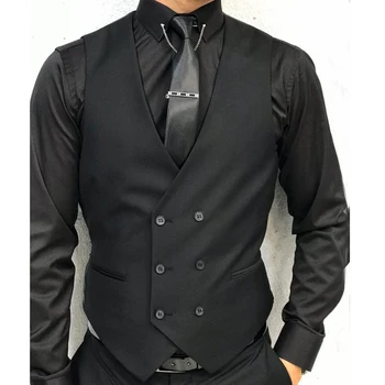 Черный официальный мужской жилет без рукавов, цельный мужской костюм с двубортным жилетом, модный свадебный смокинг на заказ Изображение