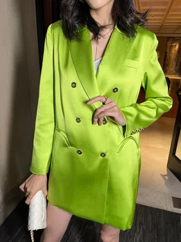 Чувство стиля, мода, фруктово-зеленый двубортный костюм, платье, пальто, деловой костюм, женский тренд Изображение