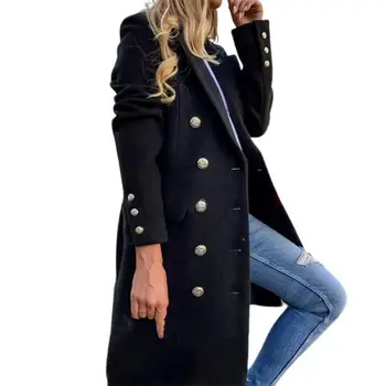 Шерстяное пальто с длинным рукавом, однотонное, дышащее, двубортное женское пальто с отложным воротником, верхняя одежда Изображение