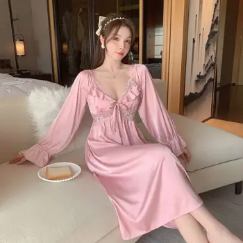 Элегантная ночная рубашка в дворцовом стиле, женская Длинная ночная рубашка, Женская пижама, халат, сексуальная кружевная ночная одежда в стиле пэчворк, повседневное домашнее платье Изображение