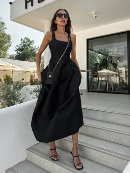 Элегантное черное длинное платье с квадратным воротником, женский шикарный сарафан без рукавов с высокой талией, Повседневные летние платья длиной до щиколоток 2023 г. Изображение