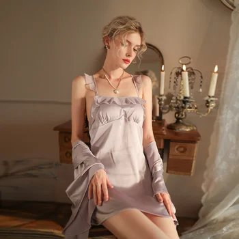 Эстетичная пряжа, Сексуальное искушение во французском стиле, комплект ночной рубашки, Страстная пижама с подкладкой без спинки, Женская перспектива Изображение