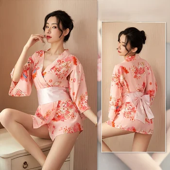 Японское сексуальное платье-кимоно для девушки Сакуры, Оби для женщин, Кавайная Юката, Сексуальный длинный халат с цветочным принтом, Женская шифоновая пижама, домашняя одежда Изображение
