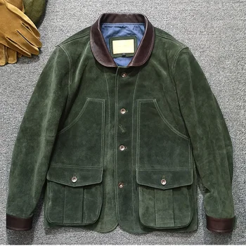 высококачественная зимняя куртка из натуральной коровьей кожи 2023 года выпуска. мужское зеленое роскошное пальто из коровьей замши.качественная кожа в японском стиле Изображение