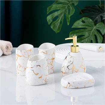 набор аксессуаров для ванной комнаты Мрамор золотой узор керамика дозатор зубной пасты мыльница держатель зубной щетки чашка для ванной комнаты бутылка лосьона Изображение