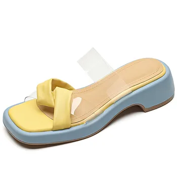 【ENMAYER】 Распродажа 2023 новых размеров 34-40, квадратные тапочки, тапочки на платформе из натуральной кожи, женская современная летняя обувь, подходящая по цвету Изображение